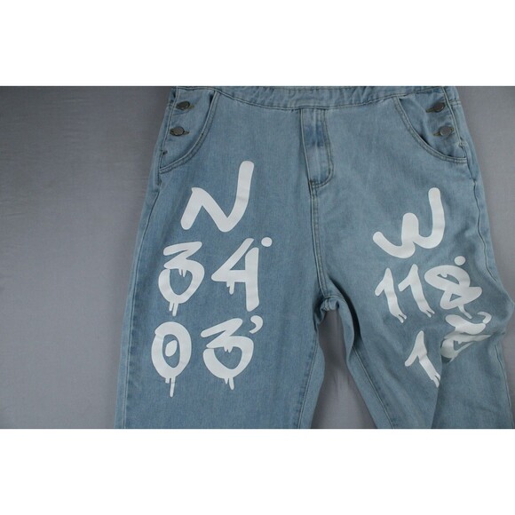 Manfinity Blue Denim Overalls White Lettering Mens XL Painted Graphic Light Wash - Picture 13 of 16